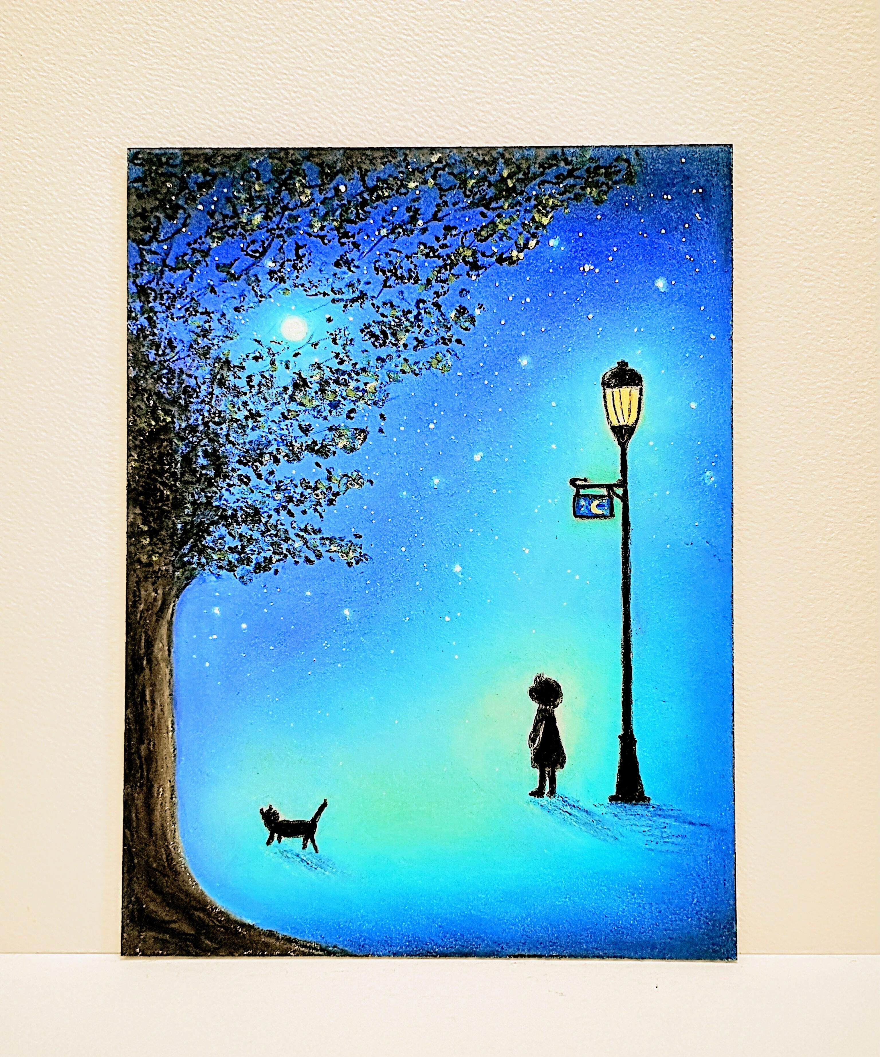 夜空の舞台　見上げてごらん　【原画】オイルパステルアート1枚目の画像